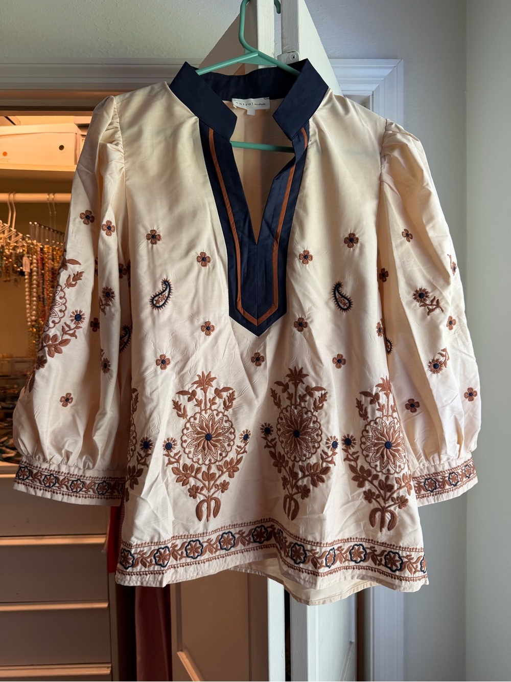 entro Cream Tunic with Navy Trim and Brown Embroidery NWOT